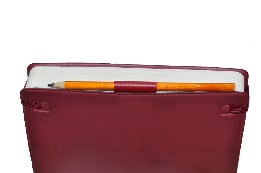 Maroon leather-bound diary with a pencil in the loop
