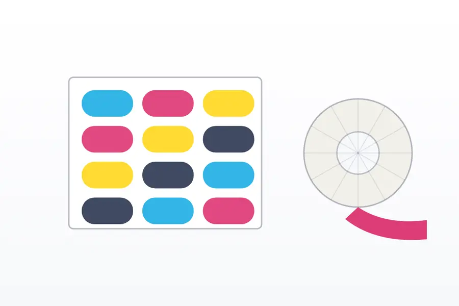 Illustration of a die-cut self-adhesive label sheet and a label reel